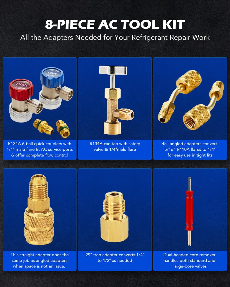 Orion Motor Tech AC Adapter Tool Kit, 8-Piece AC Gauge Hose Conversion Adapters Including R134A Can Tap, R134A Quick Couplers, R410 Adapters, Tank Adapter and Valve Core Remover - Image 2